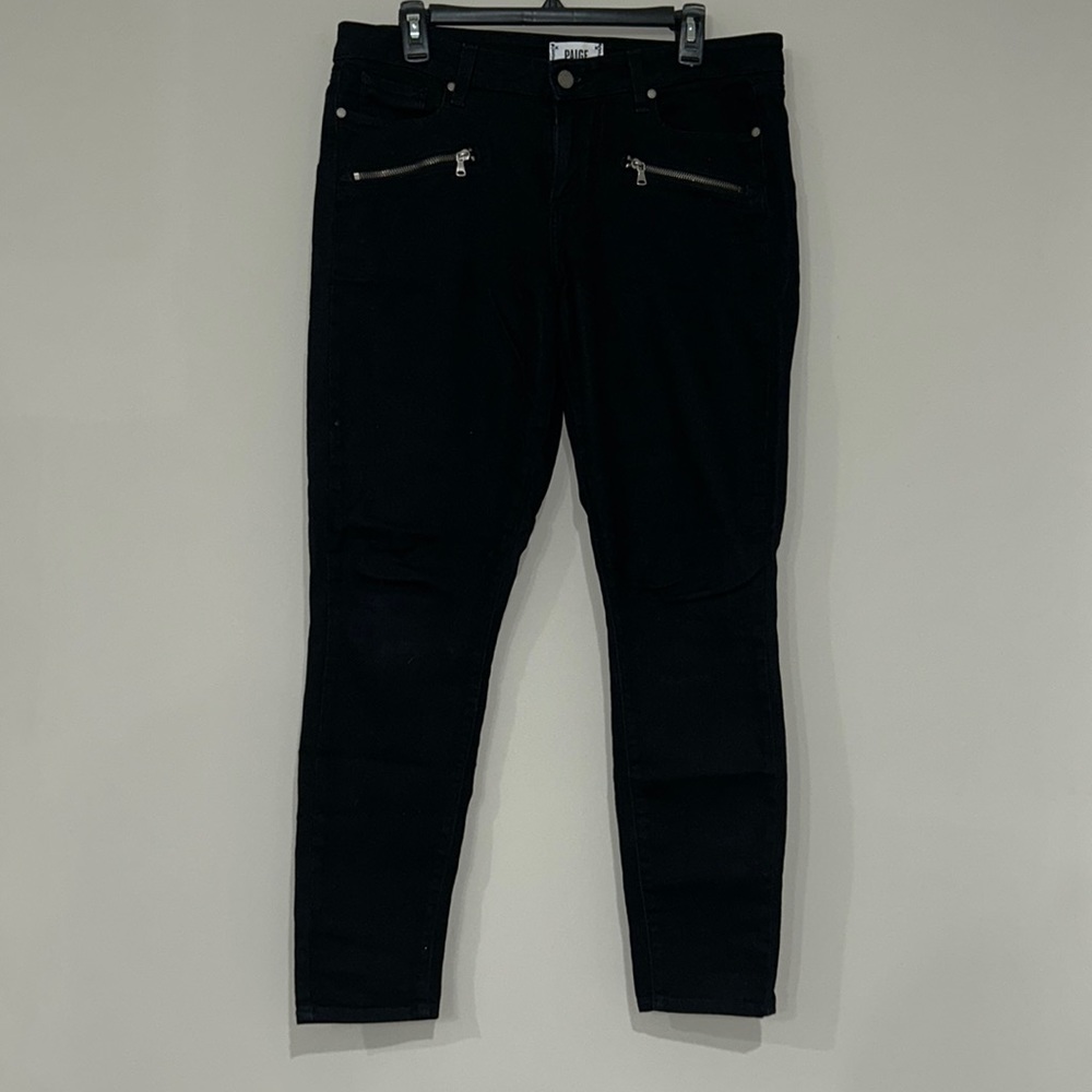 Paige black overdye skinny jeans with zippers